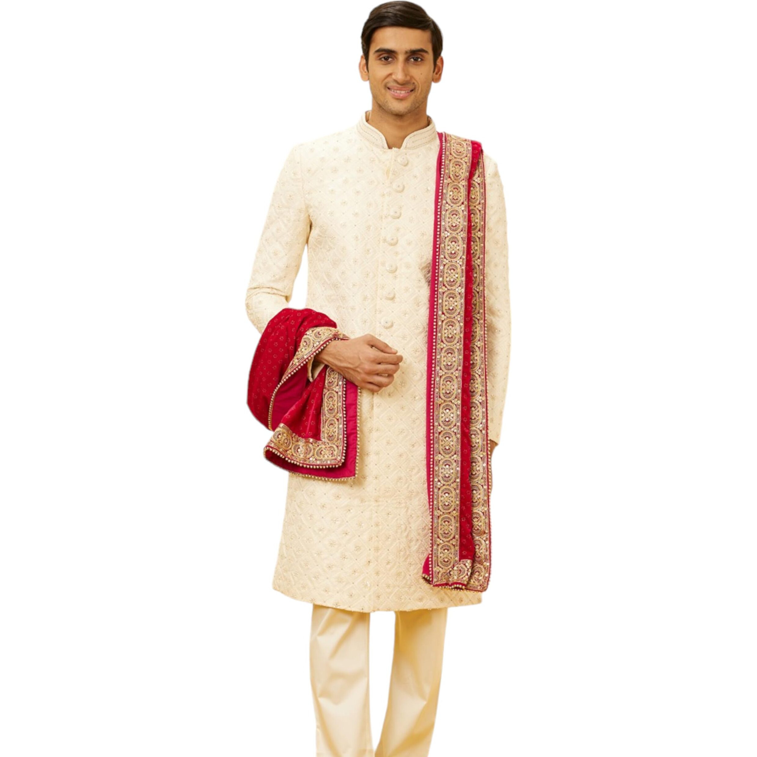 Manyavar Cherry Red Floral Motif Dupatta