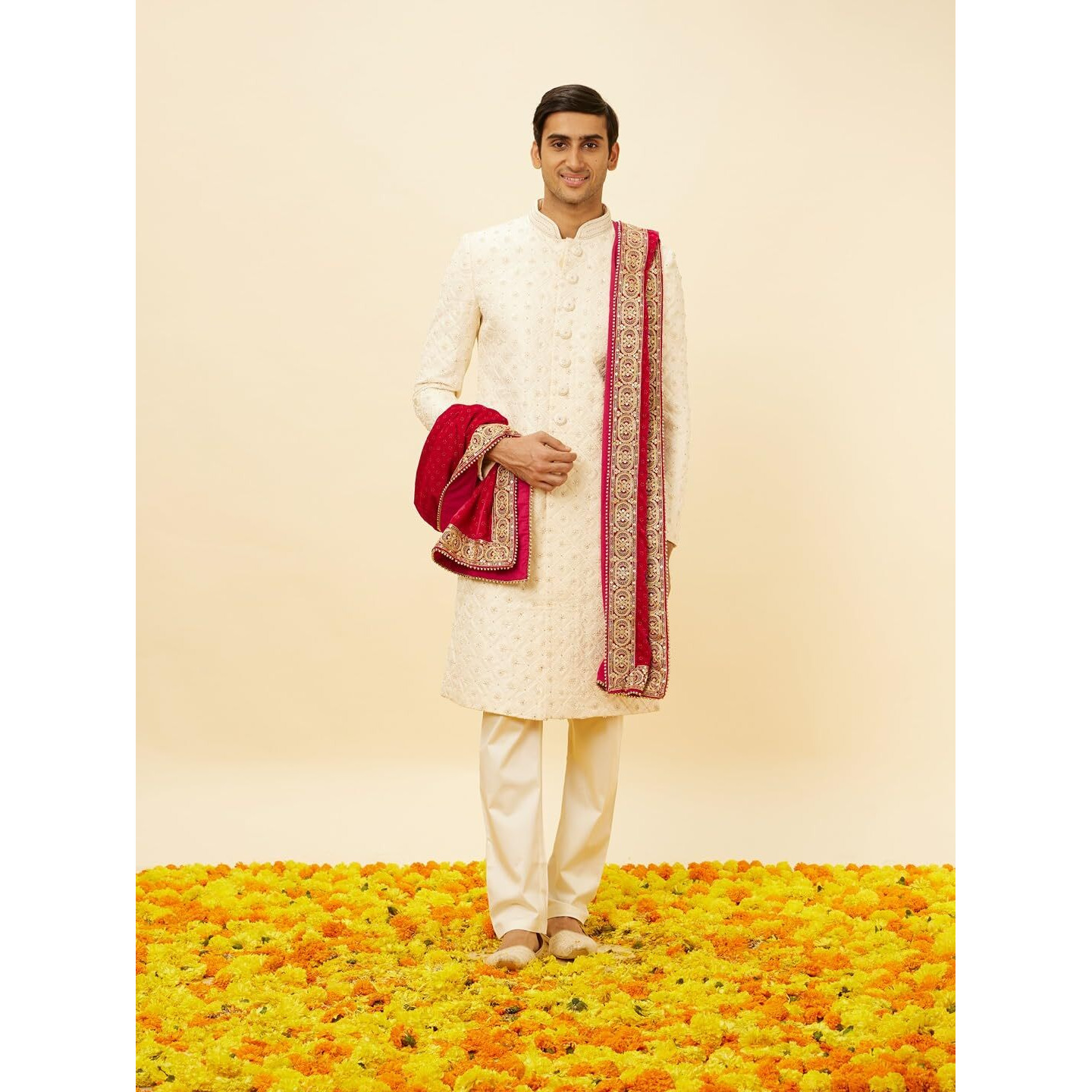 Manyavar Cherry Red Floral Motif Dupatta