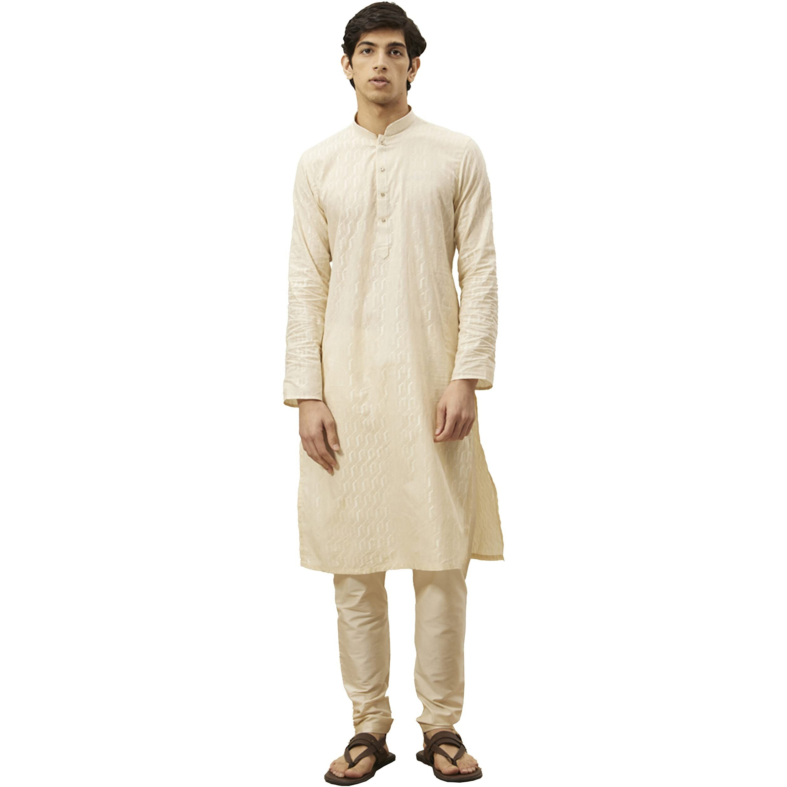 Manyavar Kurta Set For Men, Full Sleeves Mandarin Collar Ethnic Kurta & Payjama Set Art Silk Solid Set (Beige - 2, Xl)