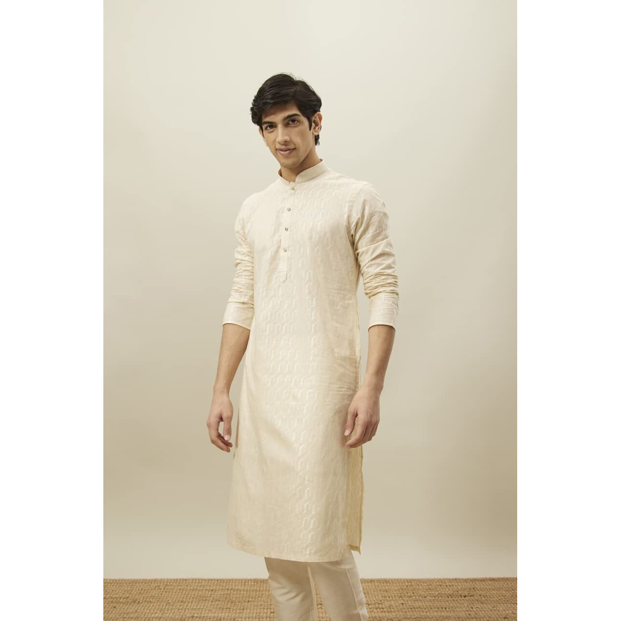 Manyavar Kurta Set For Men, Full Sleeves Mandarin Collar Ethnic Kurta & Payjama Set Art Silk Solid Set (Beige - 2, Xl)