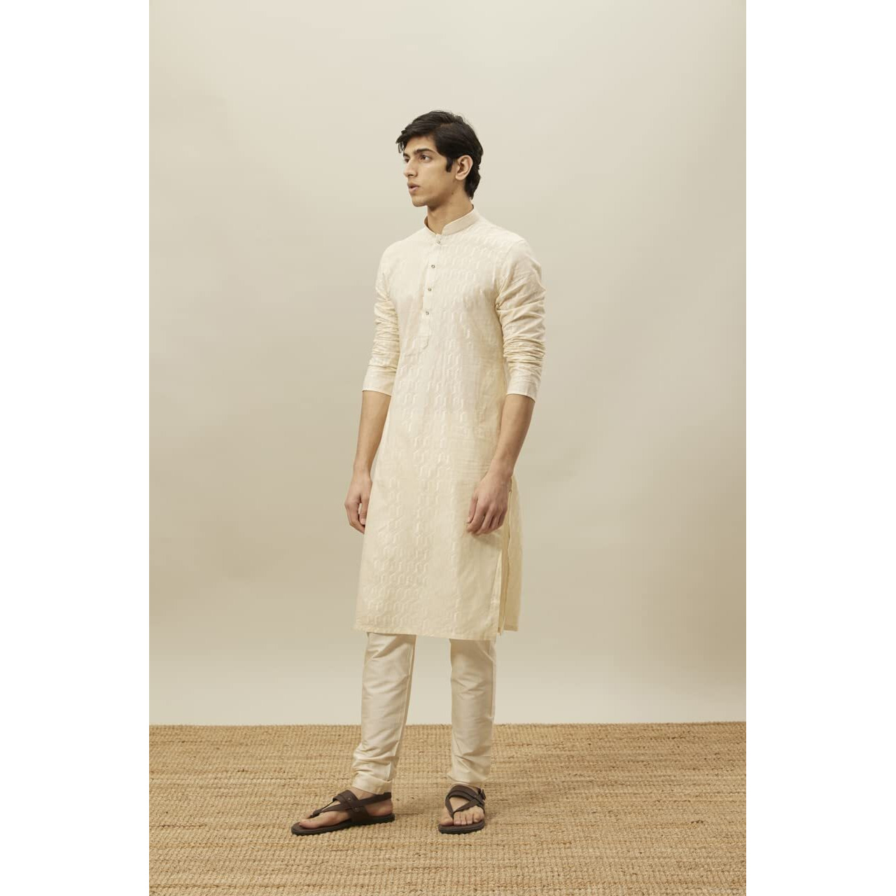 Manyavar Kurta Set For Men, Full Sleeves Mandarin Collar Ethnic Kurta & Payjama Set Art Silk Solid Set (Beige - 2, Xl)