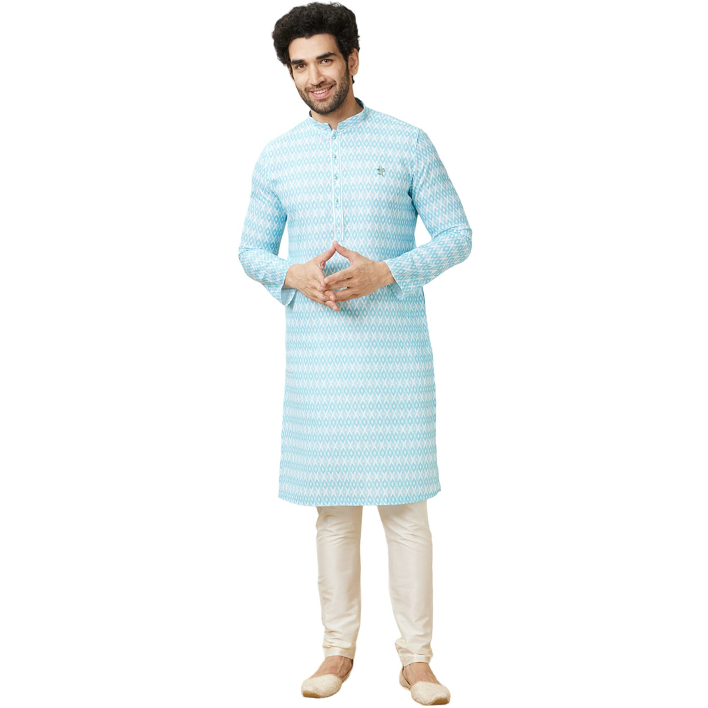 Manyavar Men's Blended Cotton Printed Full Sleeves Knee Length Kurta (Blue, Xl)