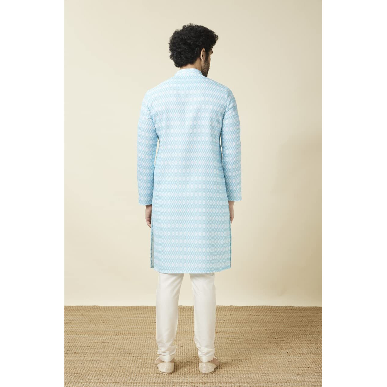 Manyavar Men's Blended Cotton Printed Full Sleeves Knee Length Kurta (Blue, Xl)