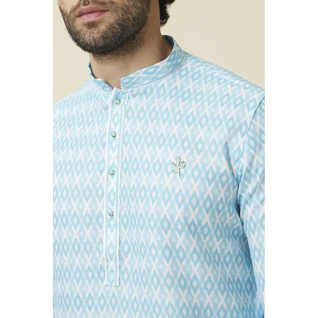 Manyavar Men's Blended Cotton Printed Full Sleeves Knee Length Kurta (Blue, Xl)