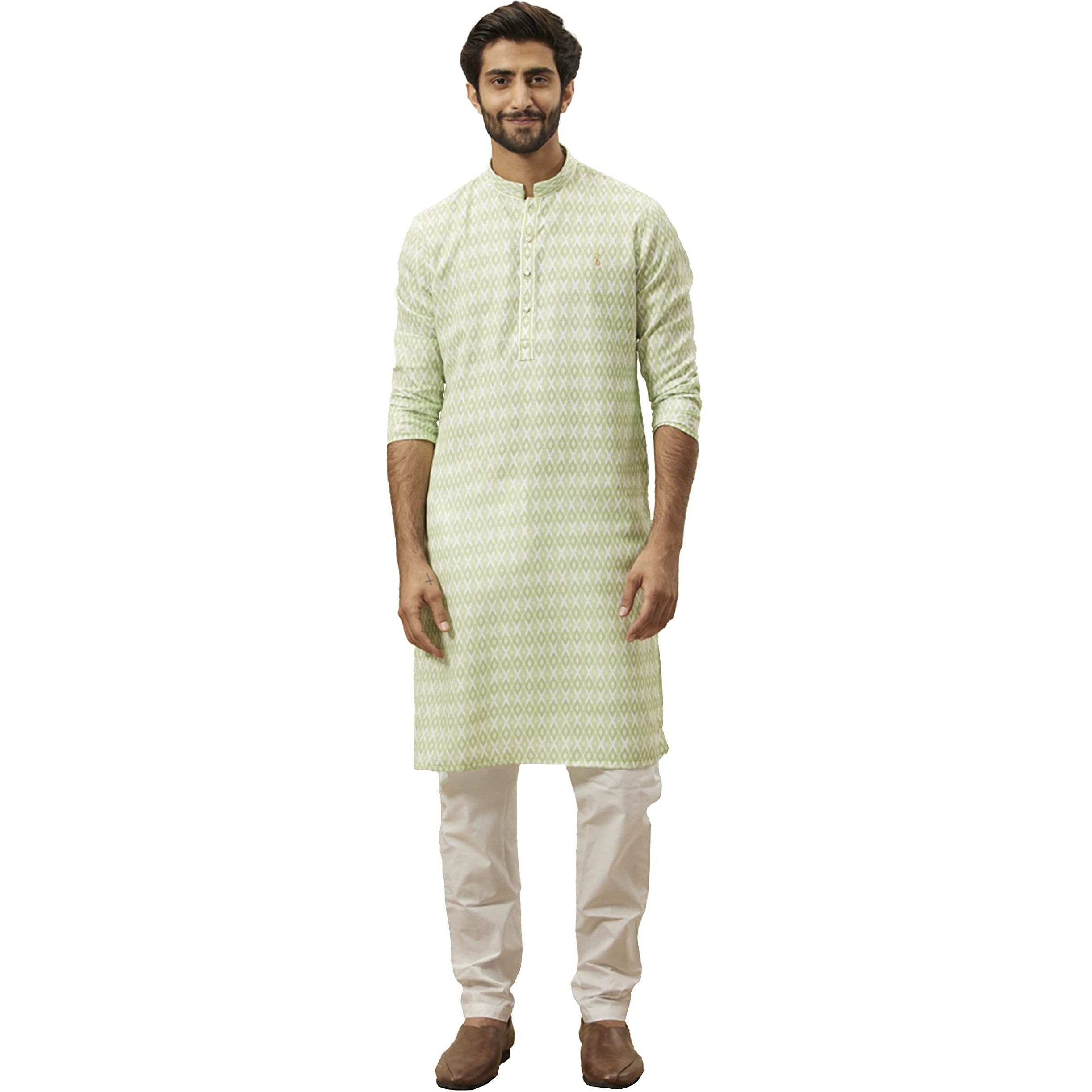 Manyavar Green Blended Viscose Self Design Full Sleeves Kurta