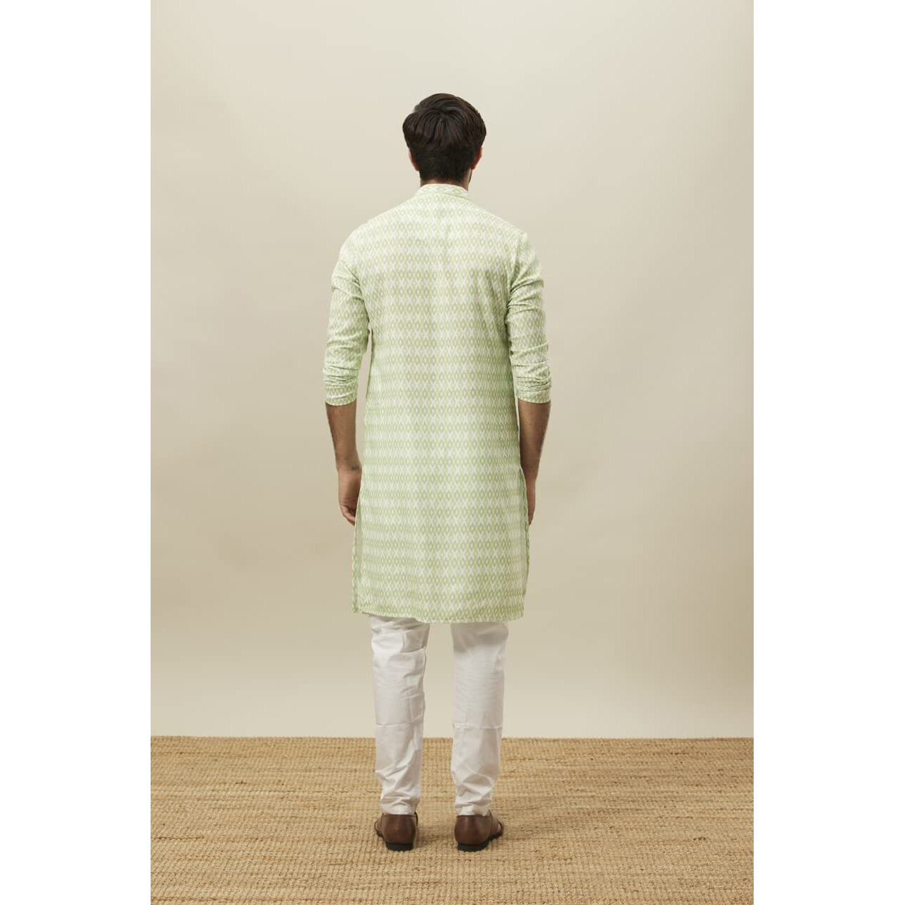 Manyavar Green Blended Viscose Self Design Full Sleeves Kurta
