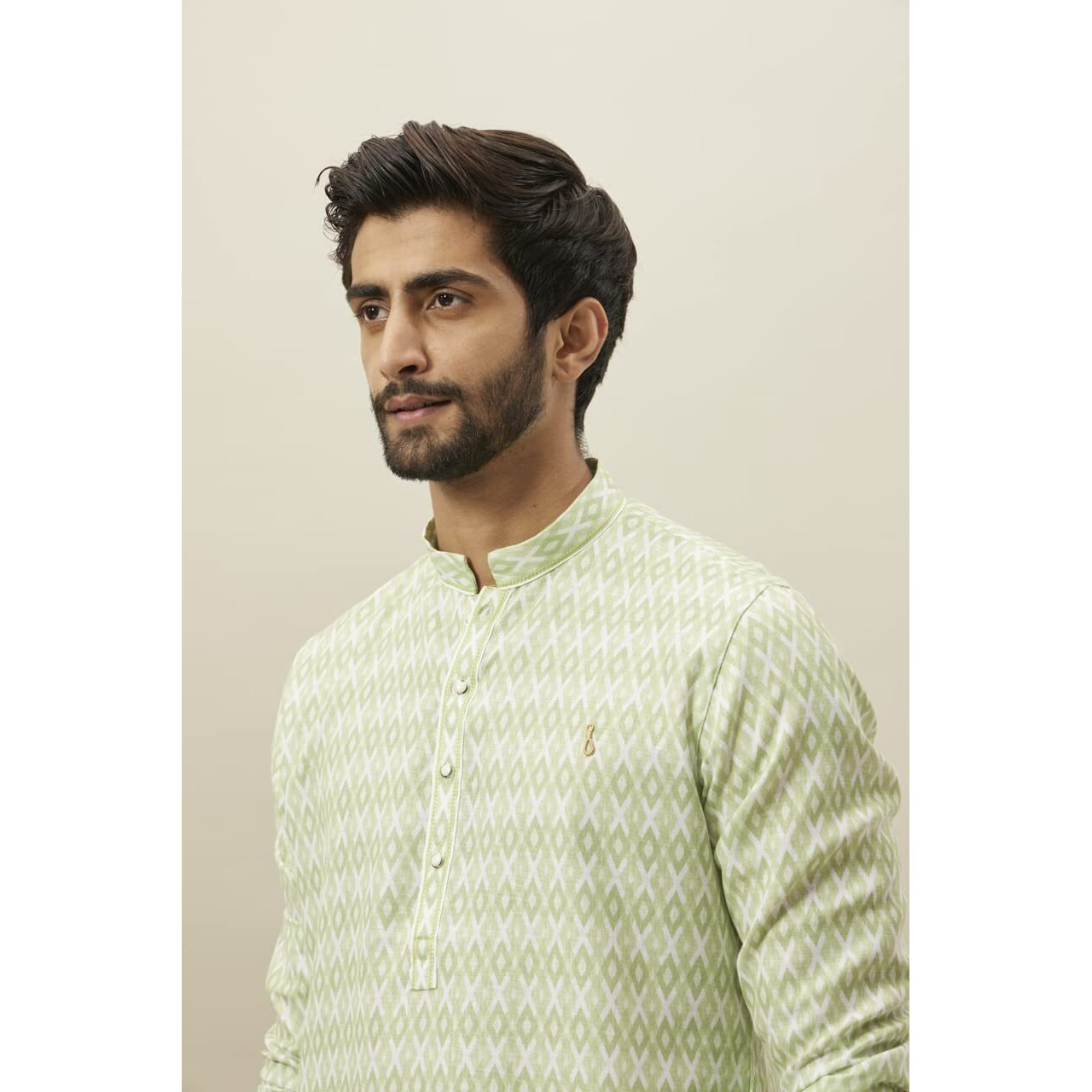 Manyavar Green Blended Viscose Self Design Full Sleeves Kurta