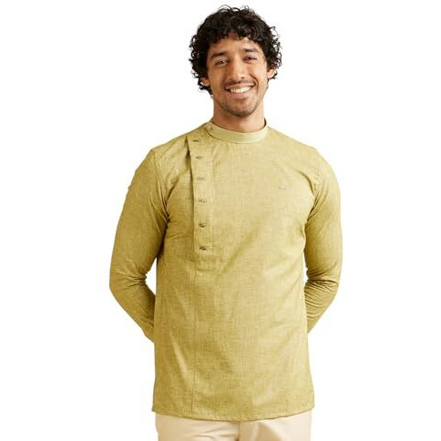 Manyavar Men's Viscose Blend Solid Side Open Short Kurta (L. Green,Xl)