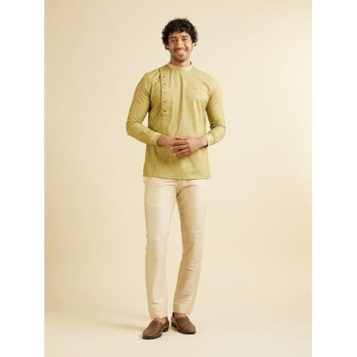 Manyavar Men's Viscose Blend Solid Side Open Short Kurta (L. Green,Xl)