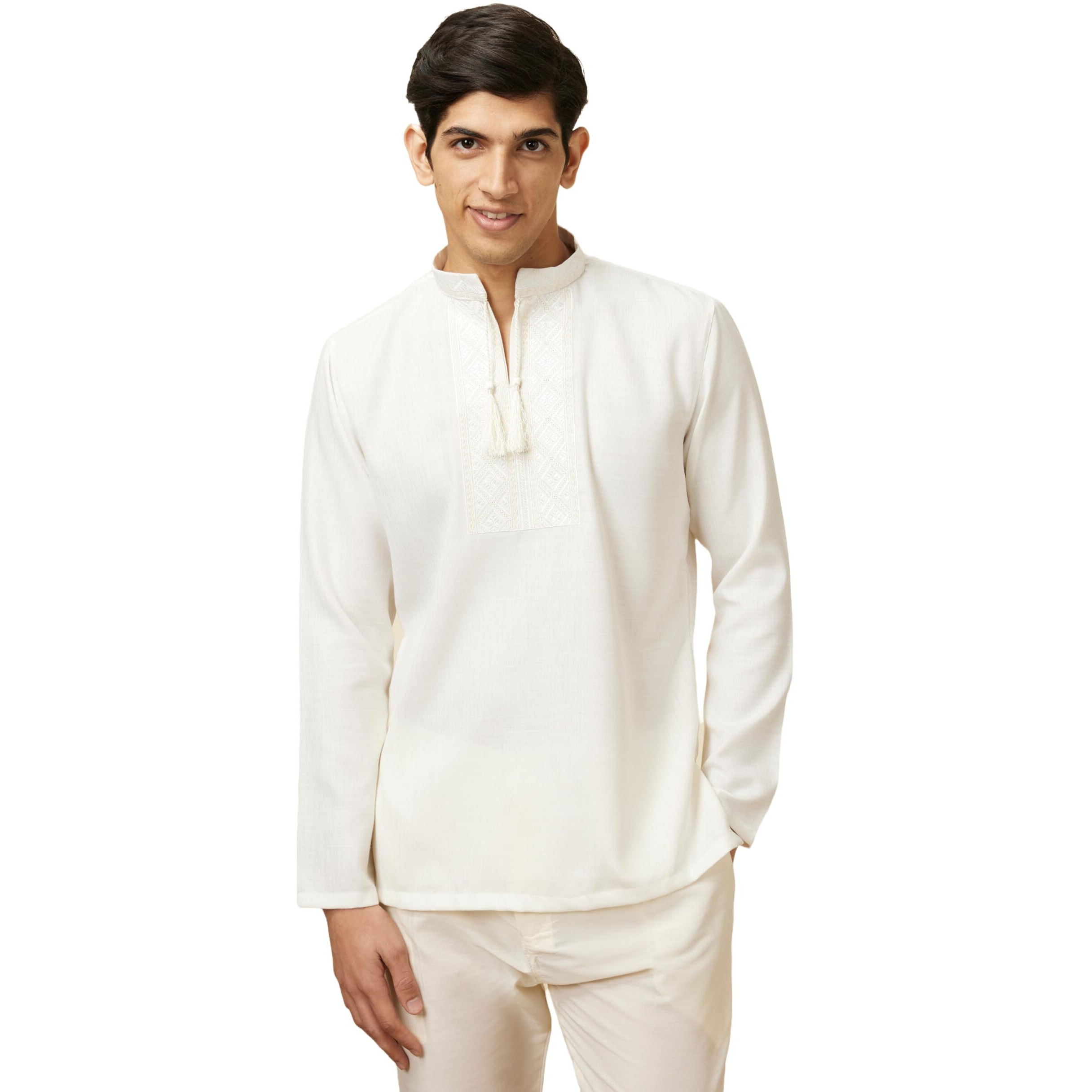 Manyavar Men's Blended Viscose Solid Casual, Traditional Full Sleeves Shortkurta (Off White/Cream, Xl)