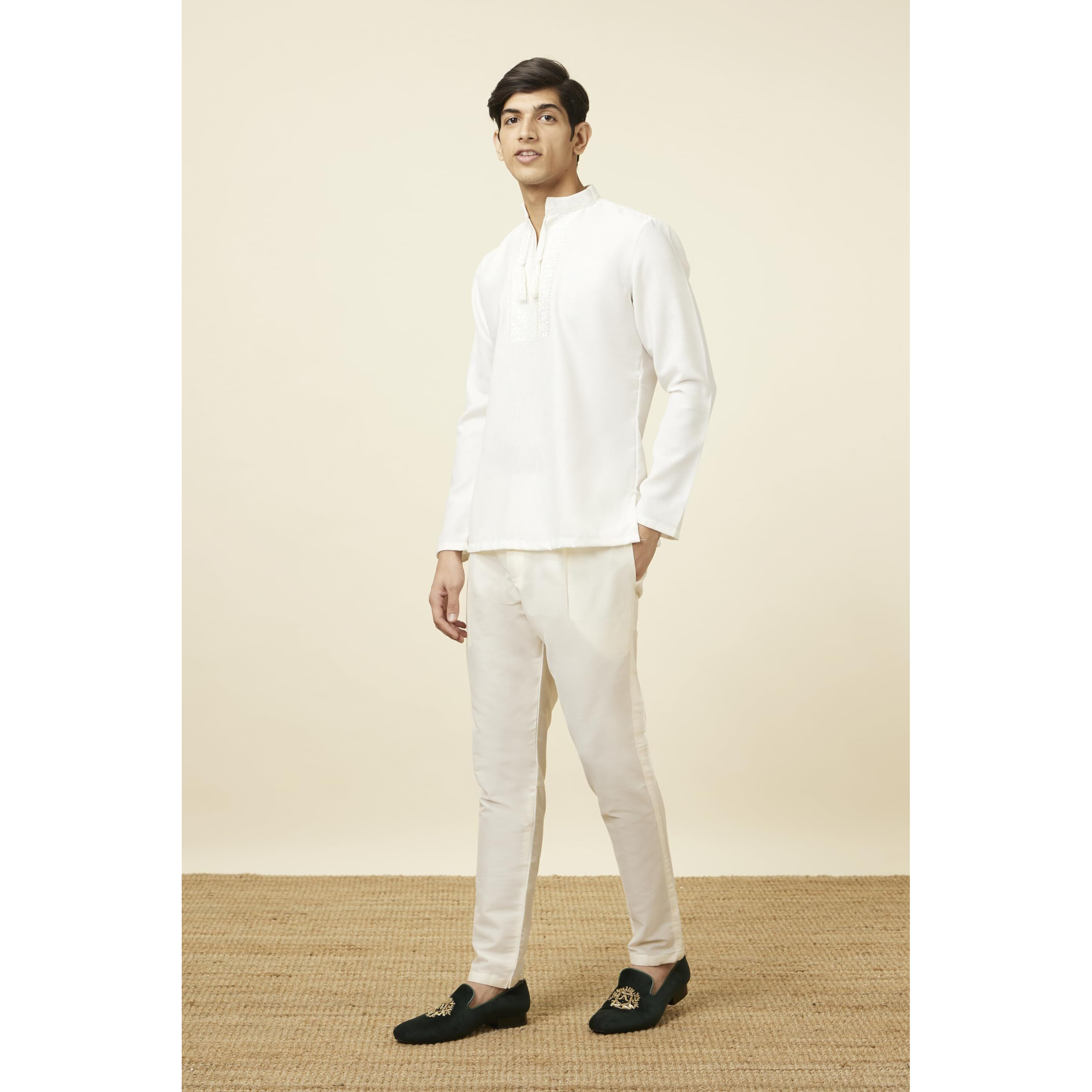 Manyavar Men's Blended Viscose Solid Casual, Traditional Full Sleeves Shortkurta (Off White/Cream, Xl)