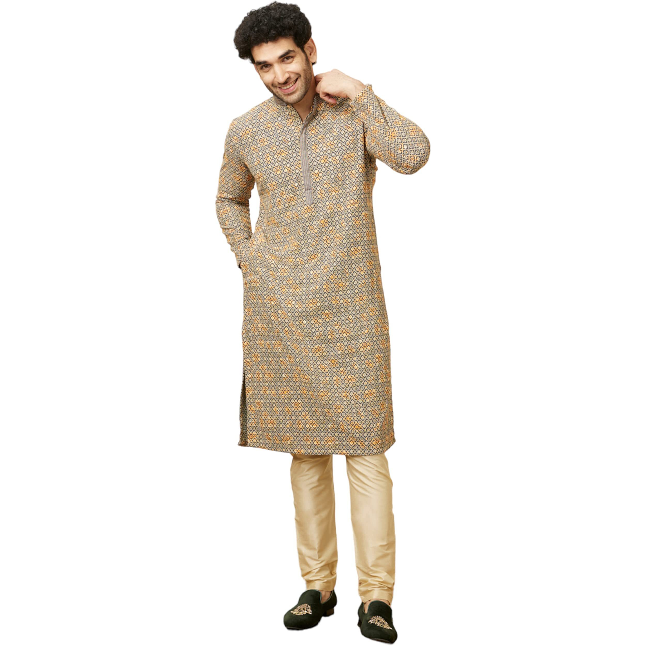 Manyavar Men's Viscose Printed Casual, Traditional Full Sleeves Kurta Payjama Set (Blue, S)