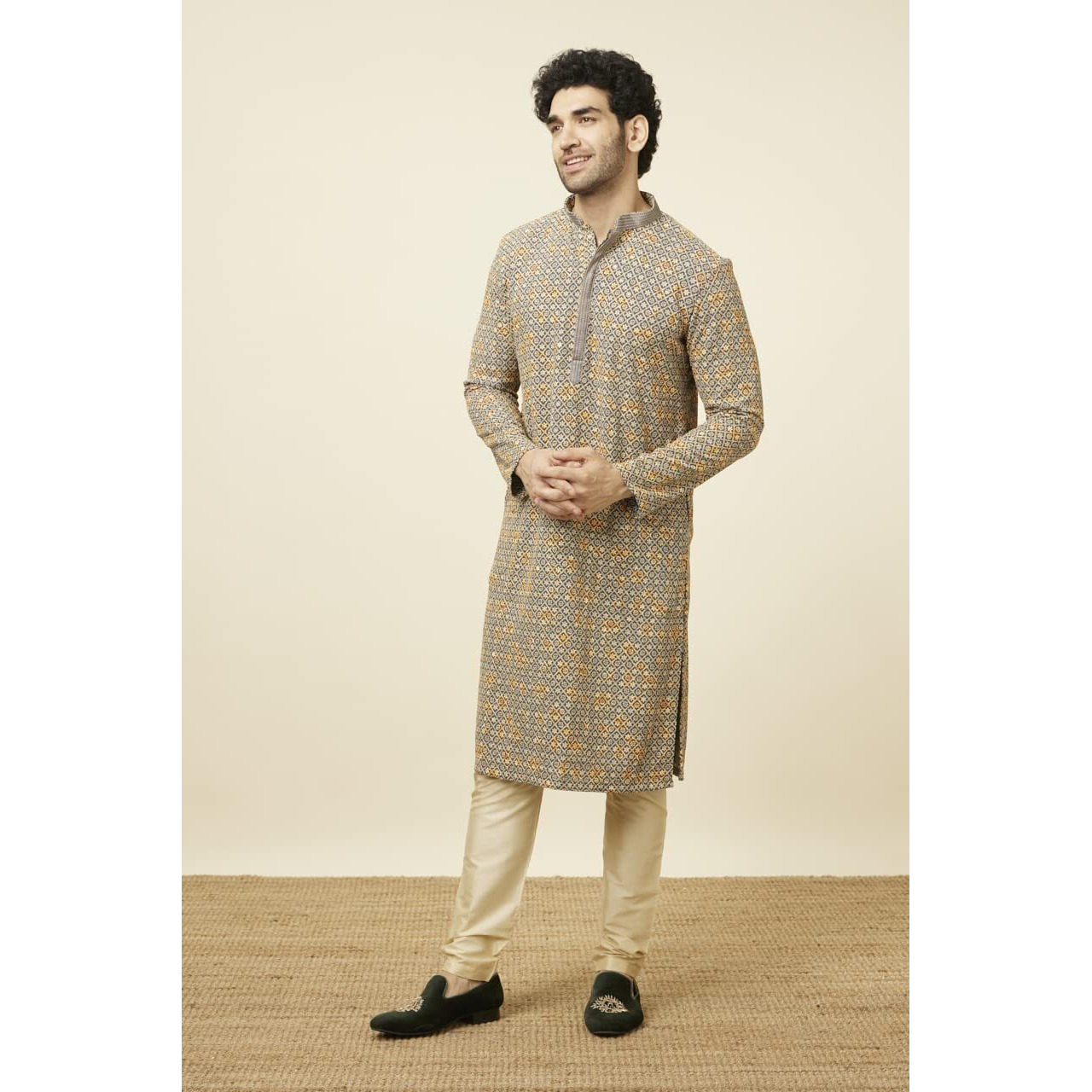 Manyavar Men's Viscose Printed Casual, Traditional Full Sleeves Kurta Payjama Set (Blue, S)