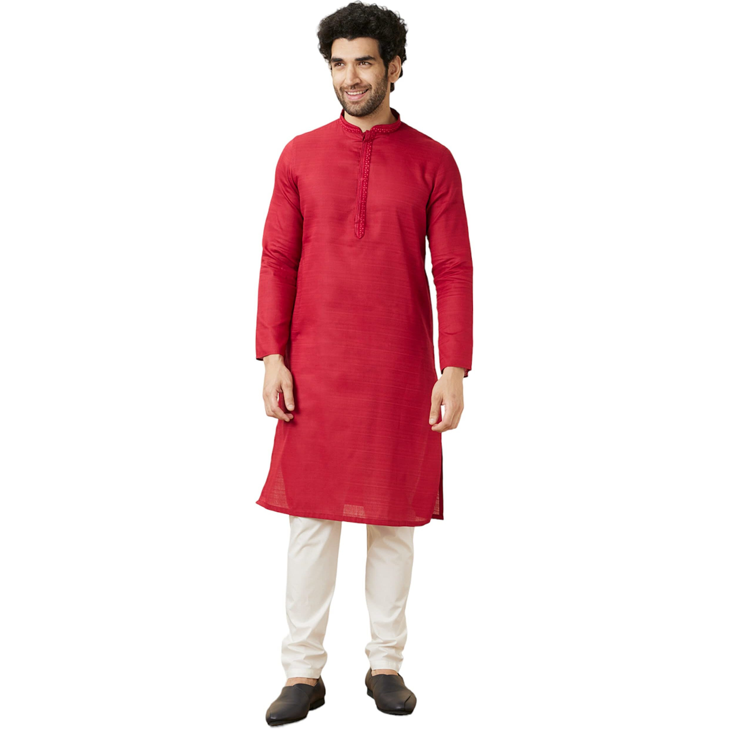 Manyavar Men's Cotton Solid Full Sleeves Knee Length Kurta Set (Red, Xl)