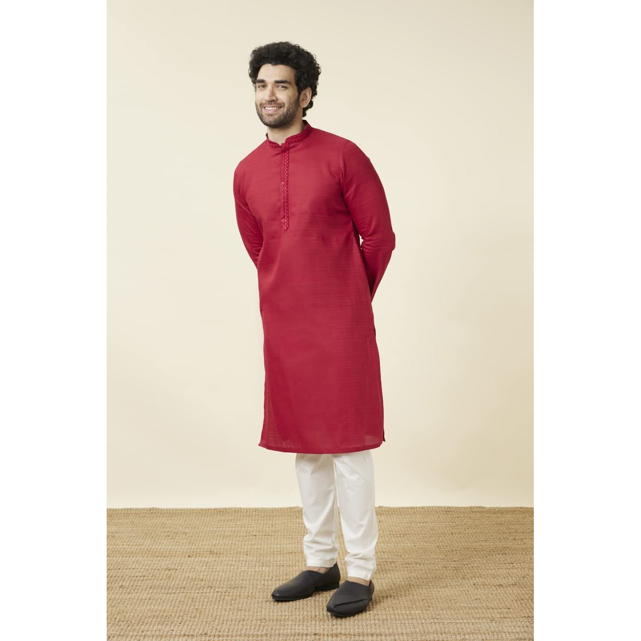 Manyavar Men's Cotton Solid Full Sleeves Knee Length Kurta Set (Red, Xl)