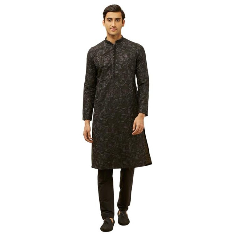 Manyavar Mens Black Blended Viscose Self Design Kurta Pyjama Set