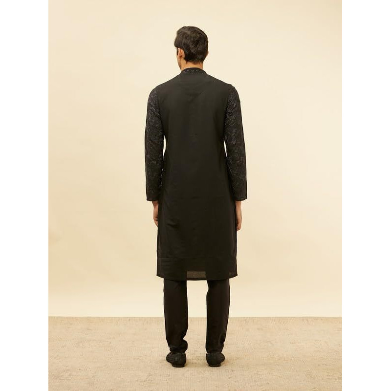 Manyavar Mens Black Blended Viscose Self Design Kurta Pyjama Set