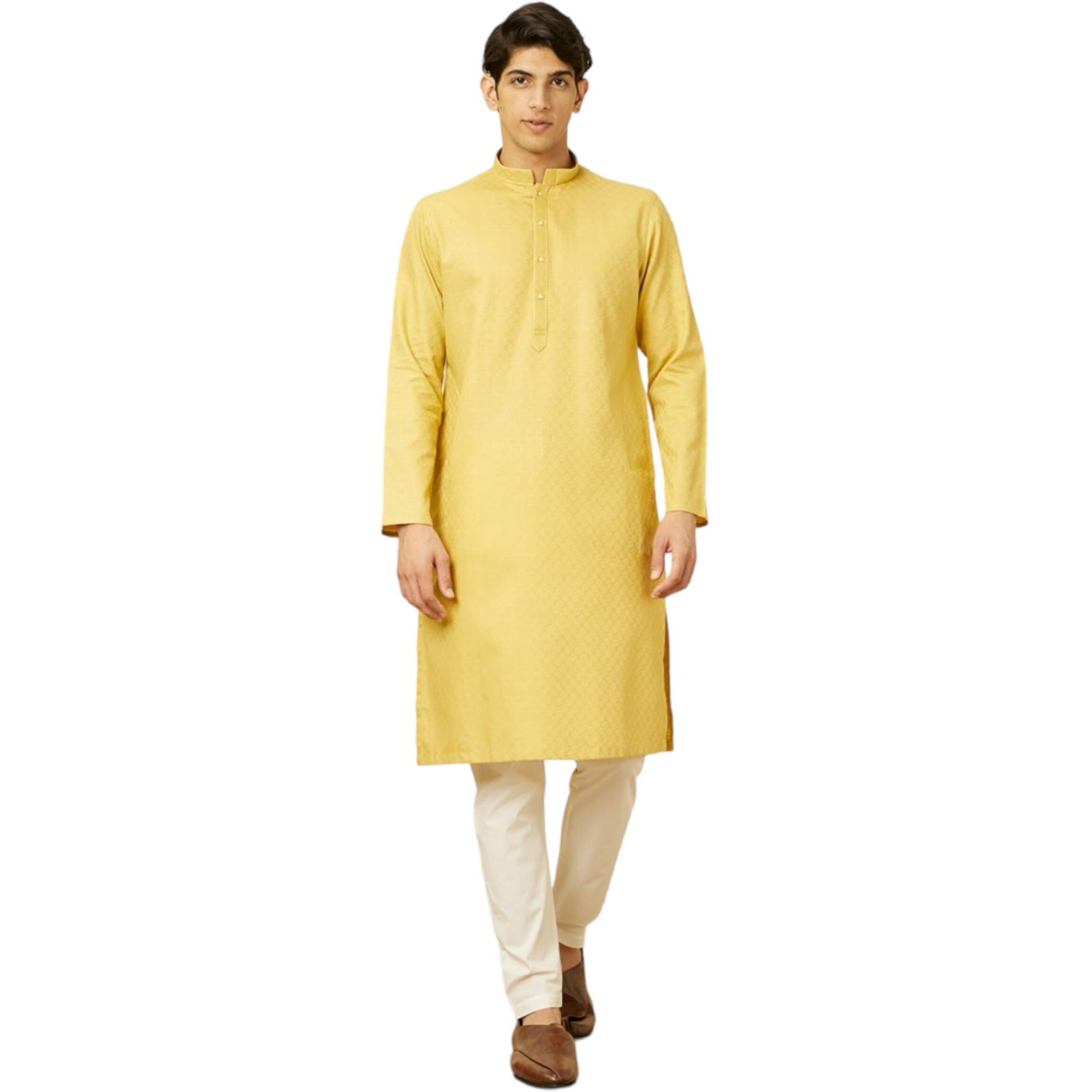 Manyavar Mens Yellow Cotton Kurta Pyjama Set