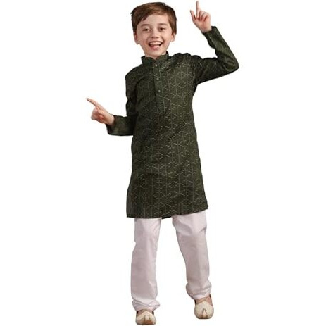 Manyavar Boys Green Cotton Kurta Pyjama Set((6-8 Years)
