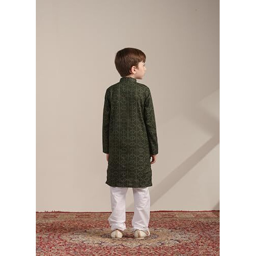 Manyavar Boys Green Cotton Kurta Pyjama Set((6-8 Years)