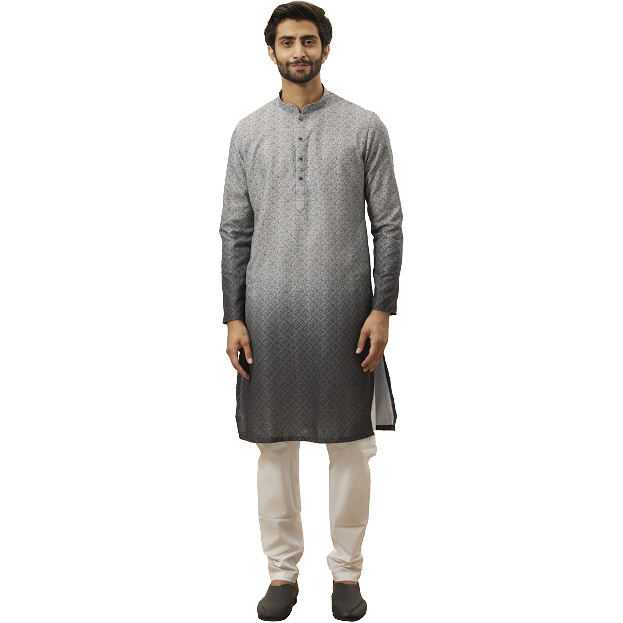 Manyavar Grey Blended Viscose Printed Full Sleeves Kurta