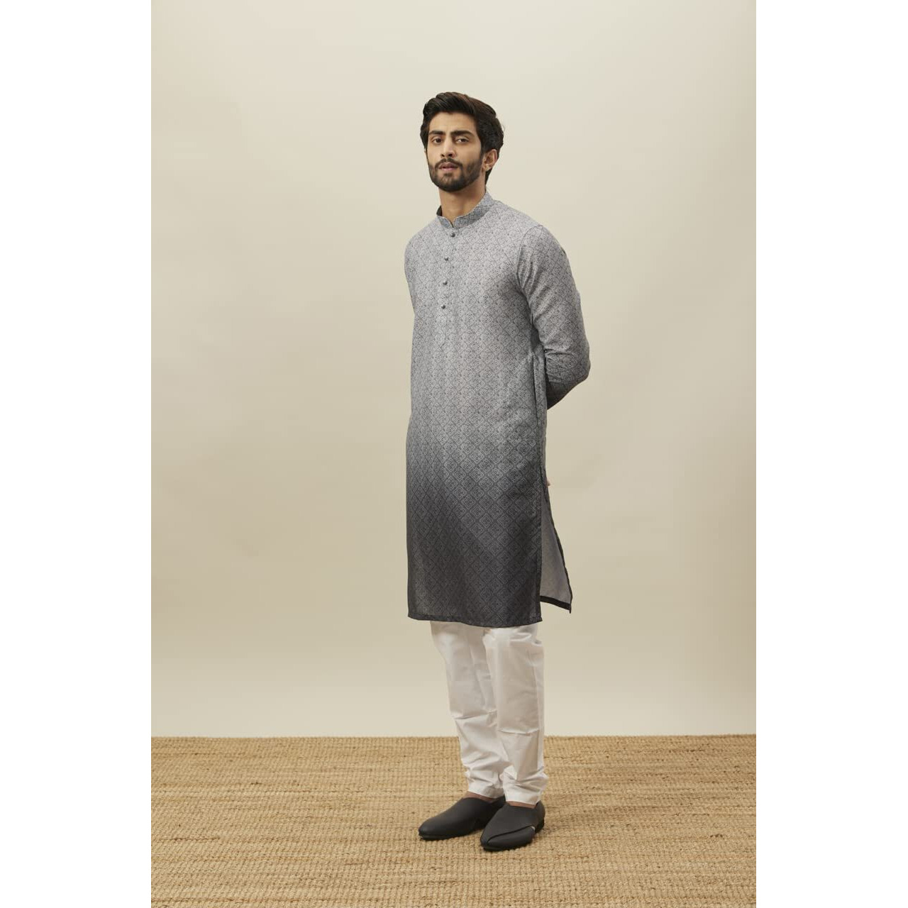 Manyavar Grey Blended Viscose Printed Full Sleeves Kurta