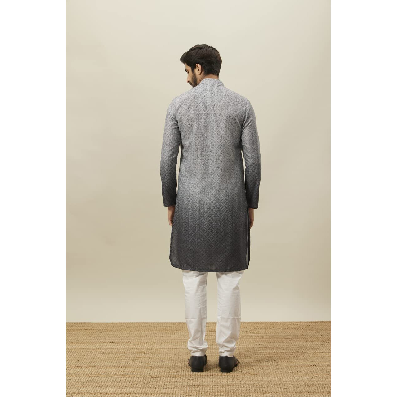 Manyavar Grey Blended Viscose Printed Full Sleeves Kurta