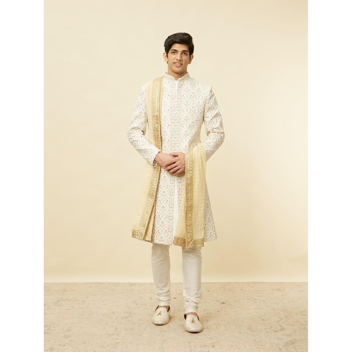 Manyavar Biscuit Beige Self Embroidered Dupatta
