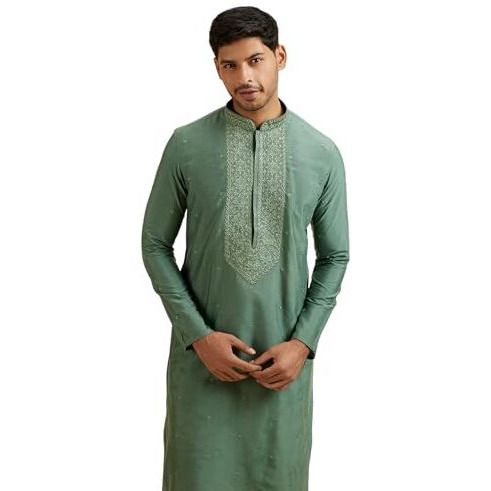 Manyavar Men's Viscose Blend Embroidered Kurta Pyjama Set (Green,L)
