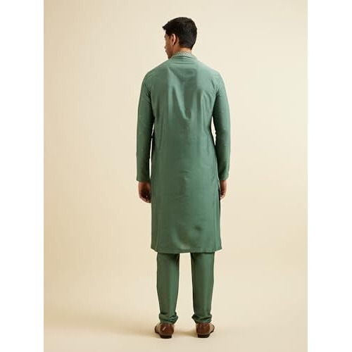 Manyavar Men's Viscose Blend Embroidered Kurta Pyjama Set (Green,L)