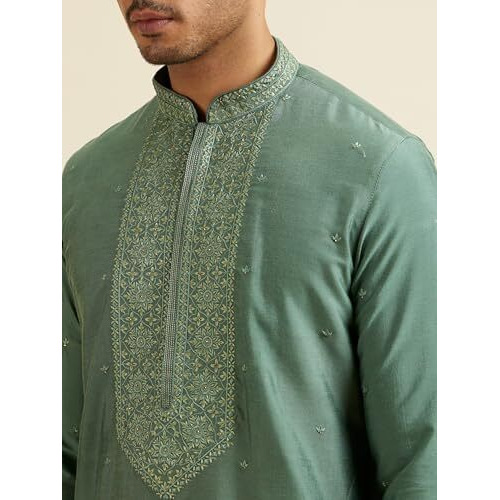 Manyavar Men's Viscose Blend Embroidered Kurta Pyjama Set (Green,L)