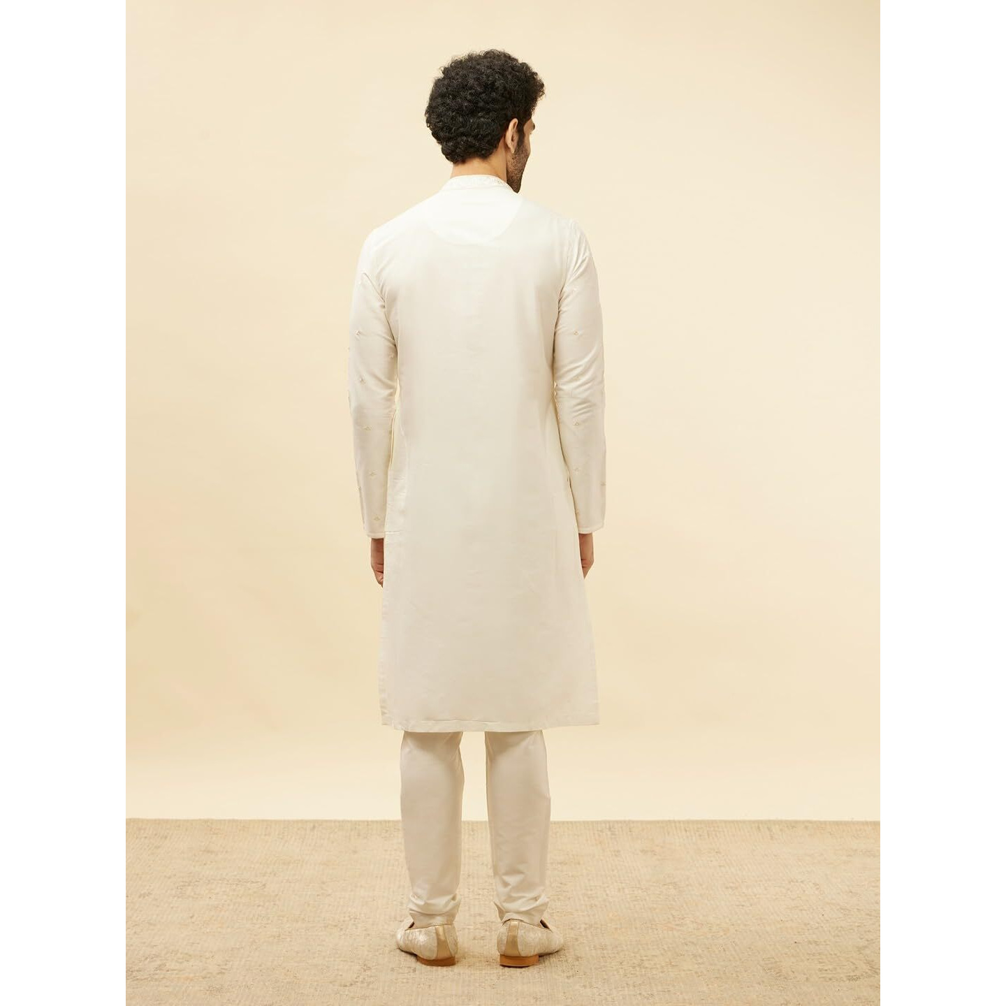 Manyavar Mens Warm White Blended Viscose Embroidered Kurta Pyjama Set