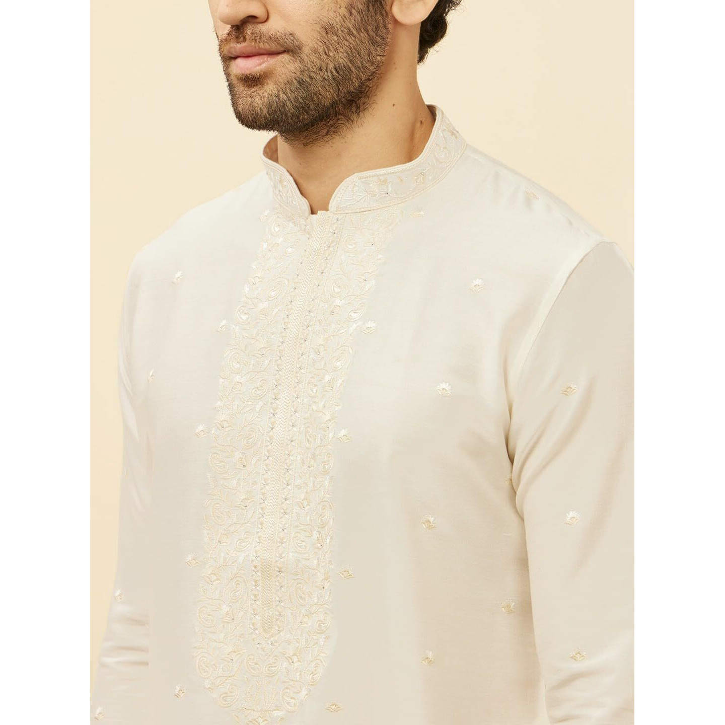 Manyavar Mens Warm White Blended Viscose Embroidered Kurta Pyjama Set