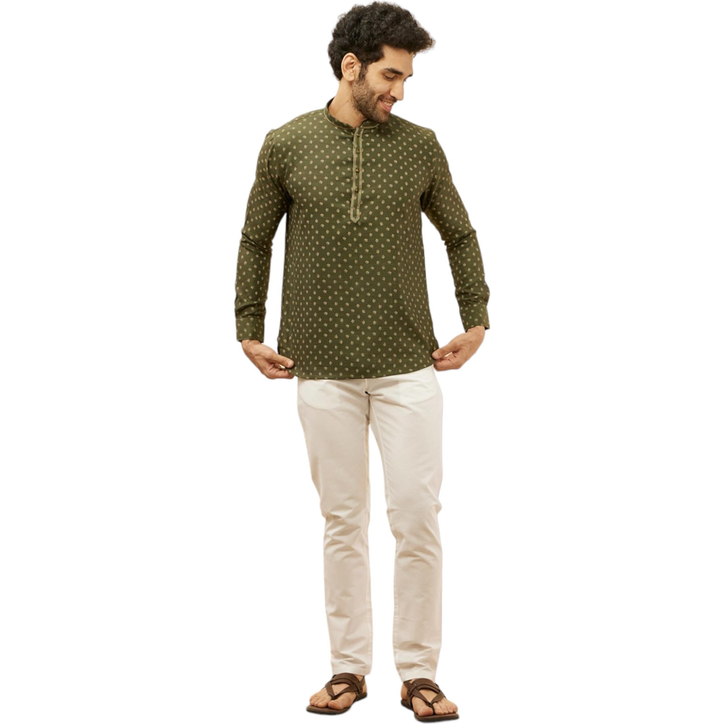 Manyavar Mens Green Blended Viscose Printed Short Kurtas