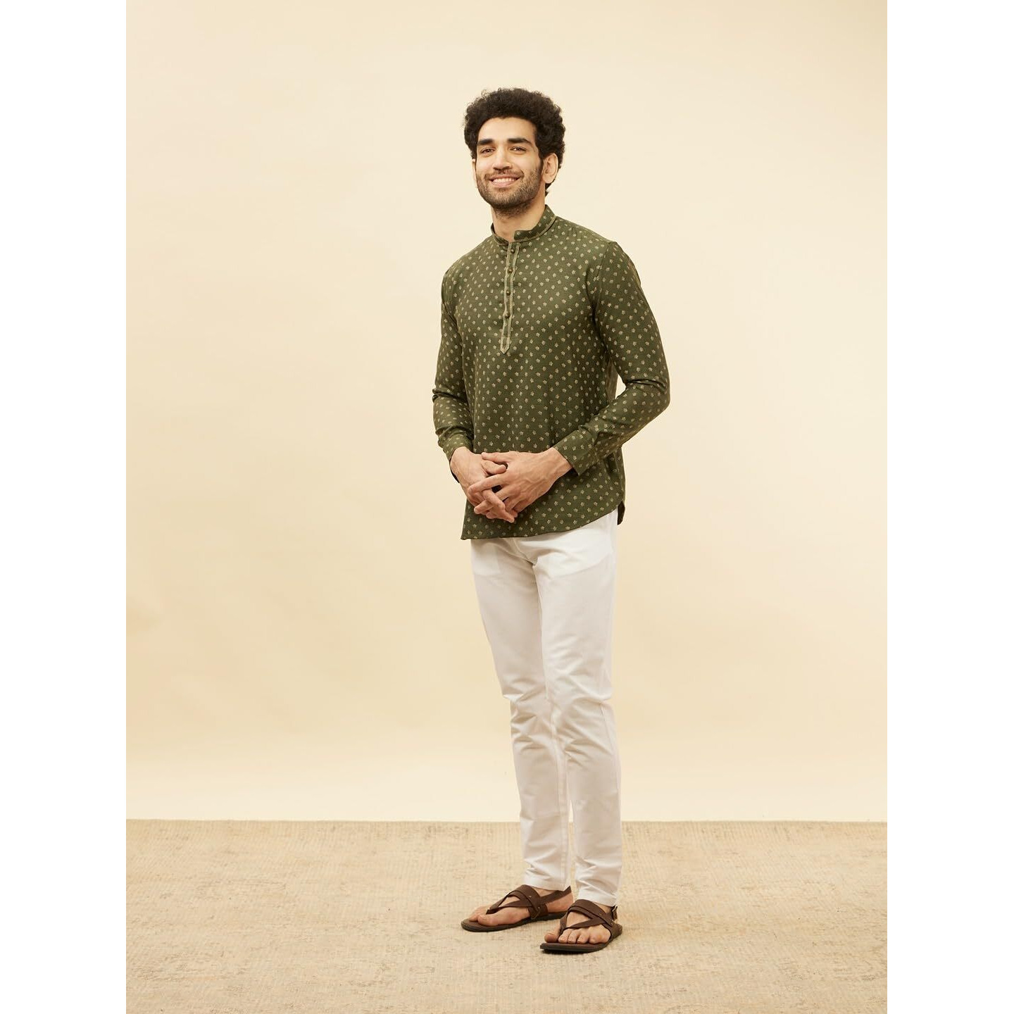 Manyavar Mens Green Blended Viscose Printed Short Kurtas