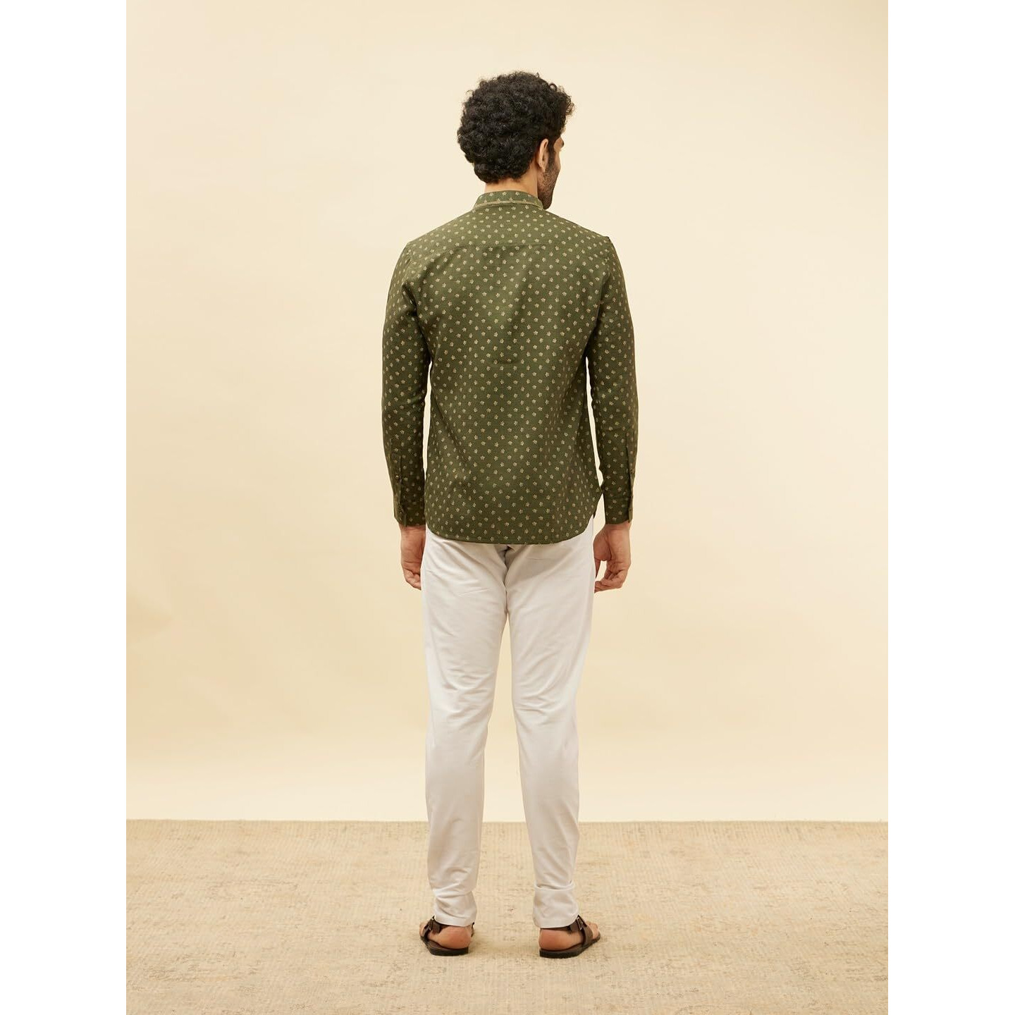 Manyavar Mens Green Blended Viscose Printed Short Kurtas