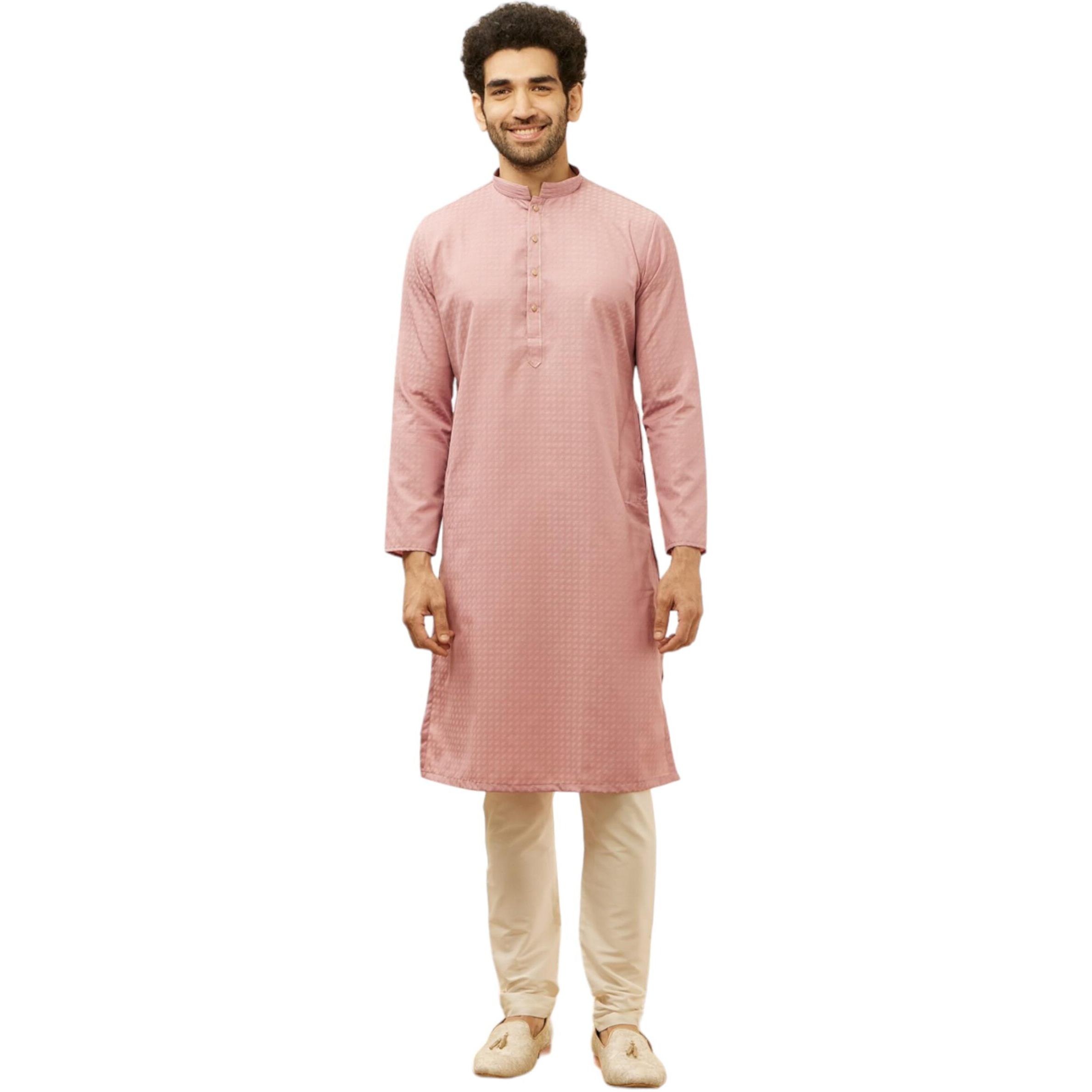 Manyavar Men's Pink Blended Cotton Printed Kurta Pyjama Set (L)