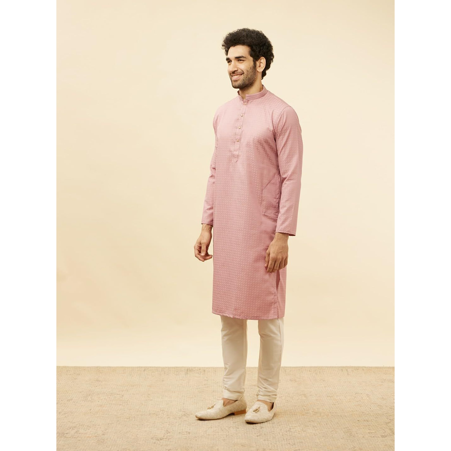Manyavar Men's Pink Blended Cotton Printed Kurta Pyjama Set (L)
