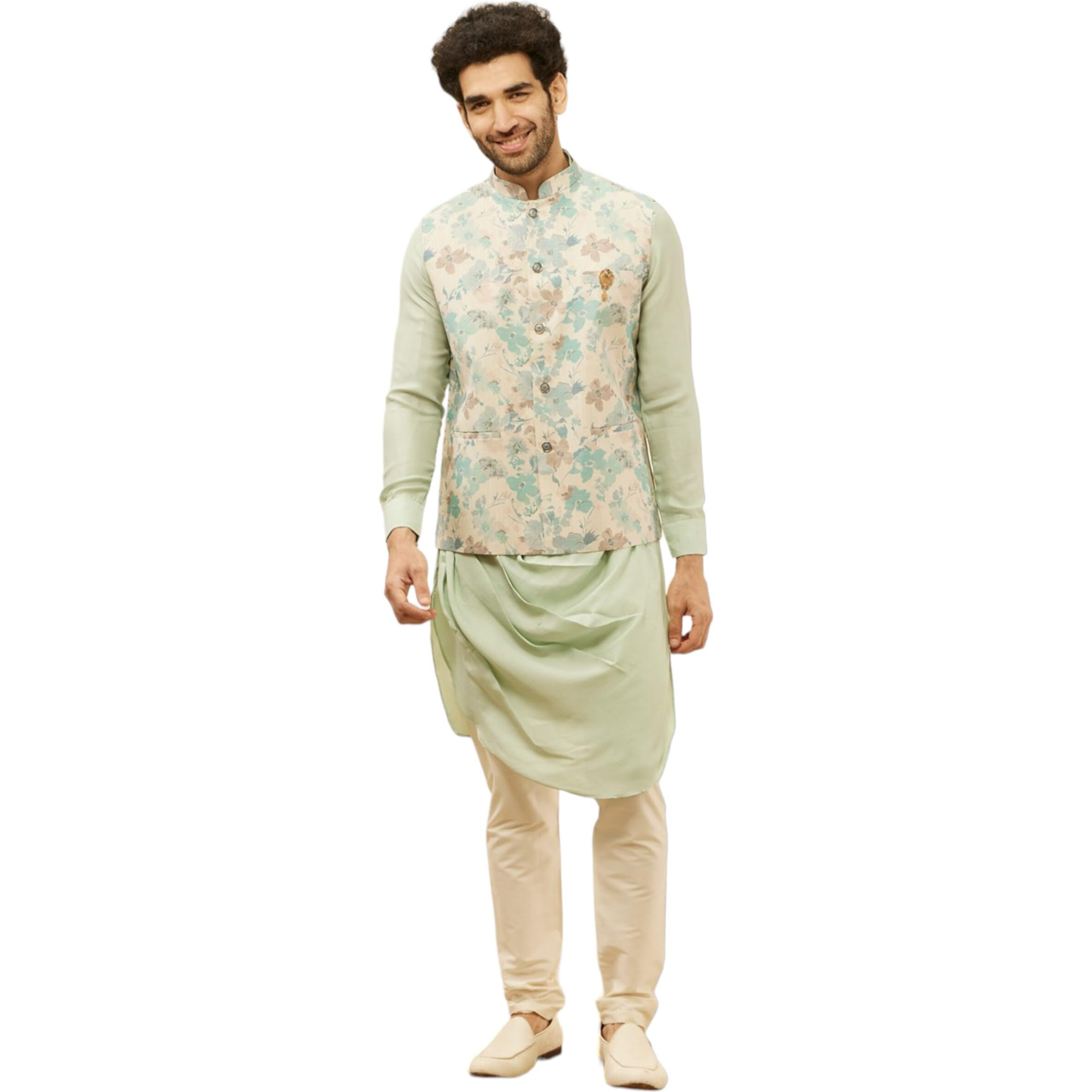 Manyavar Mens Beige Blended Linen Printed Kurta Trouser Jacket Set
