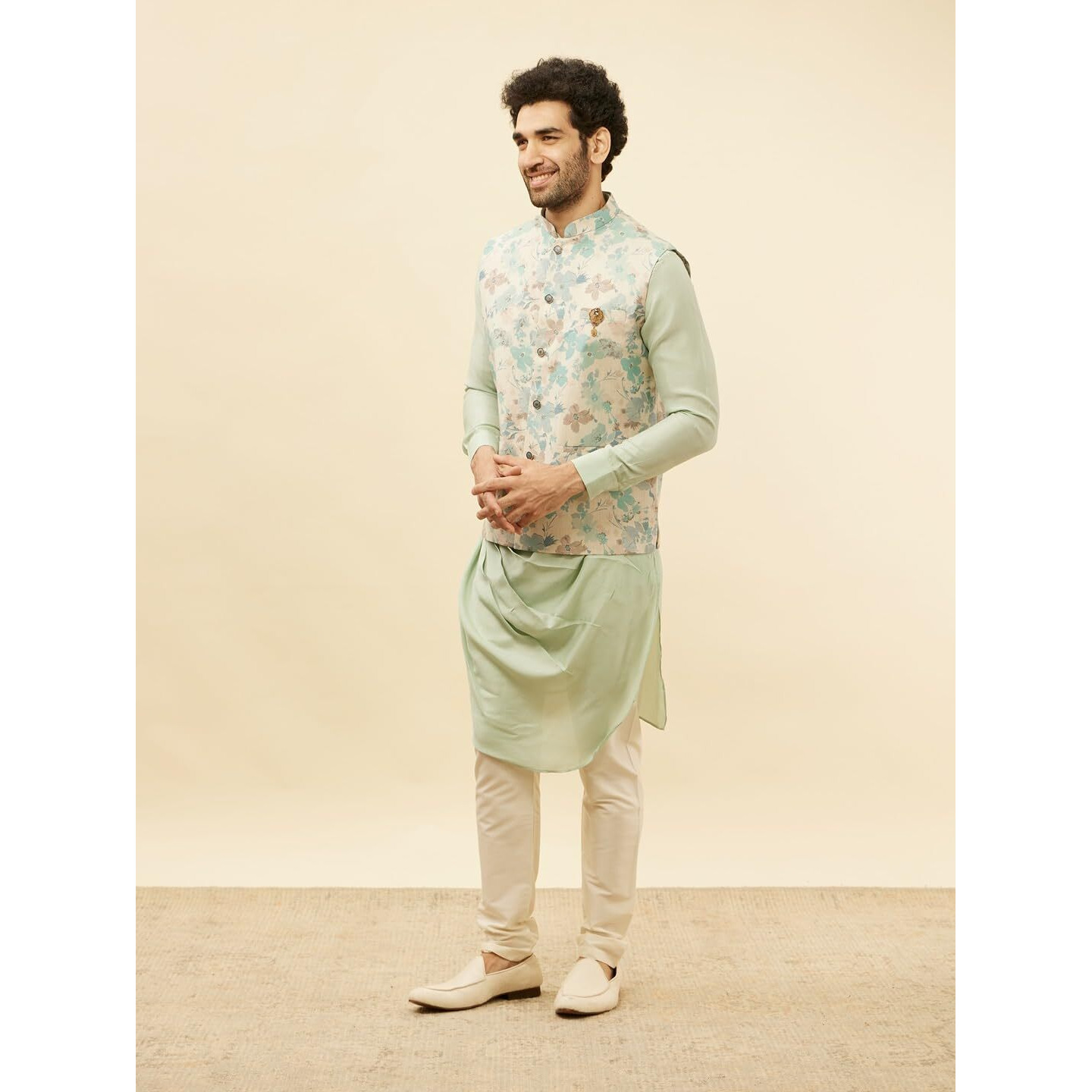 Manyavar Mens Beige Blended Linen Printed Kurta Trouser Jacket Set