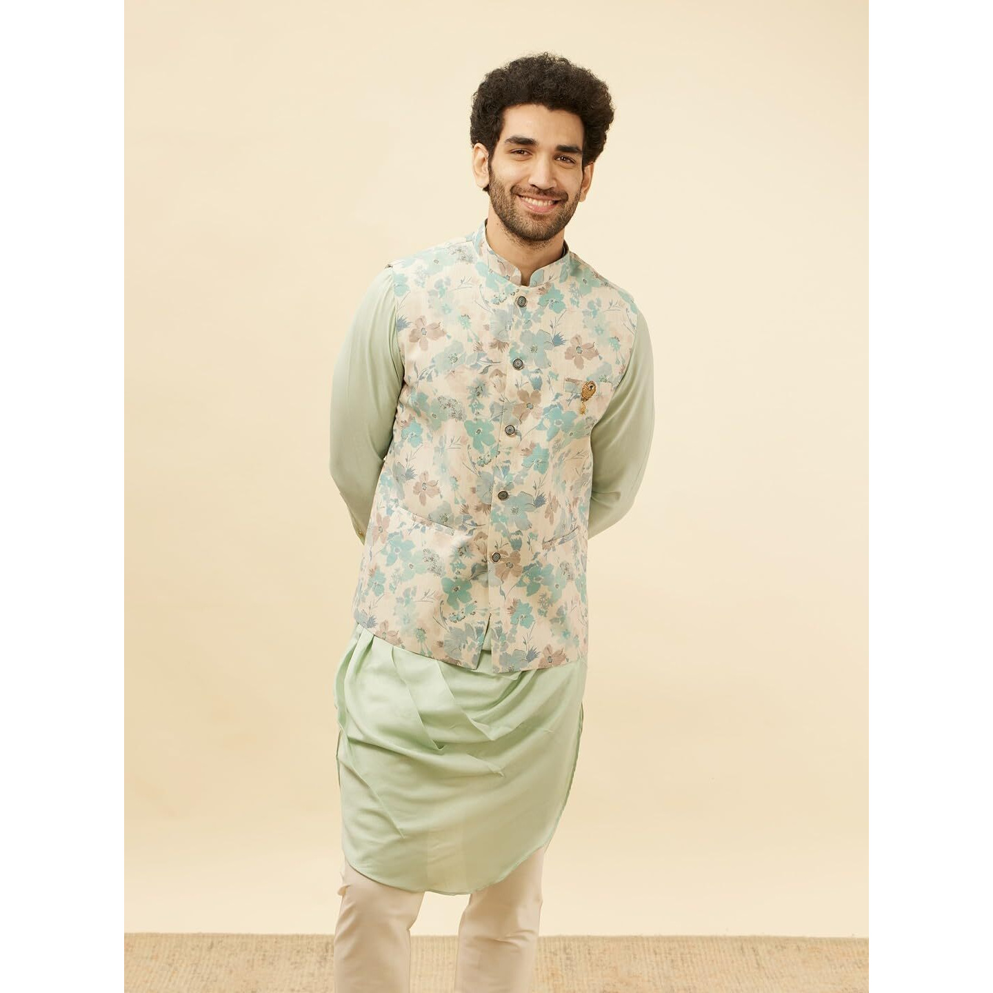 Manyavar Mens Beige Blended Linen Printed Kurta Trouser Jacket Set