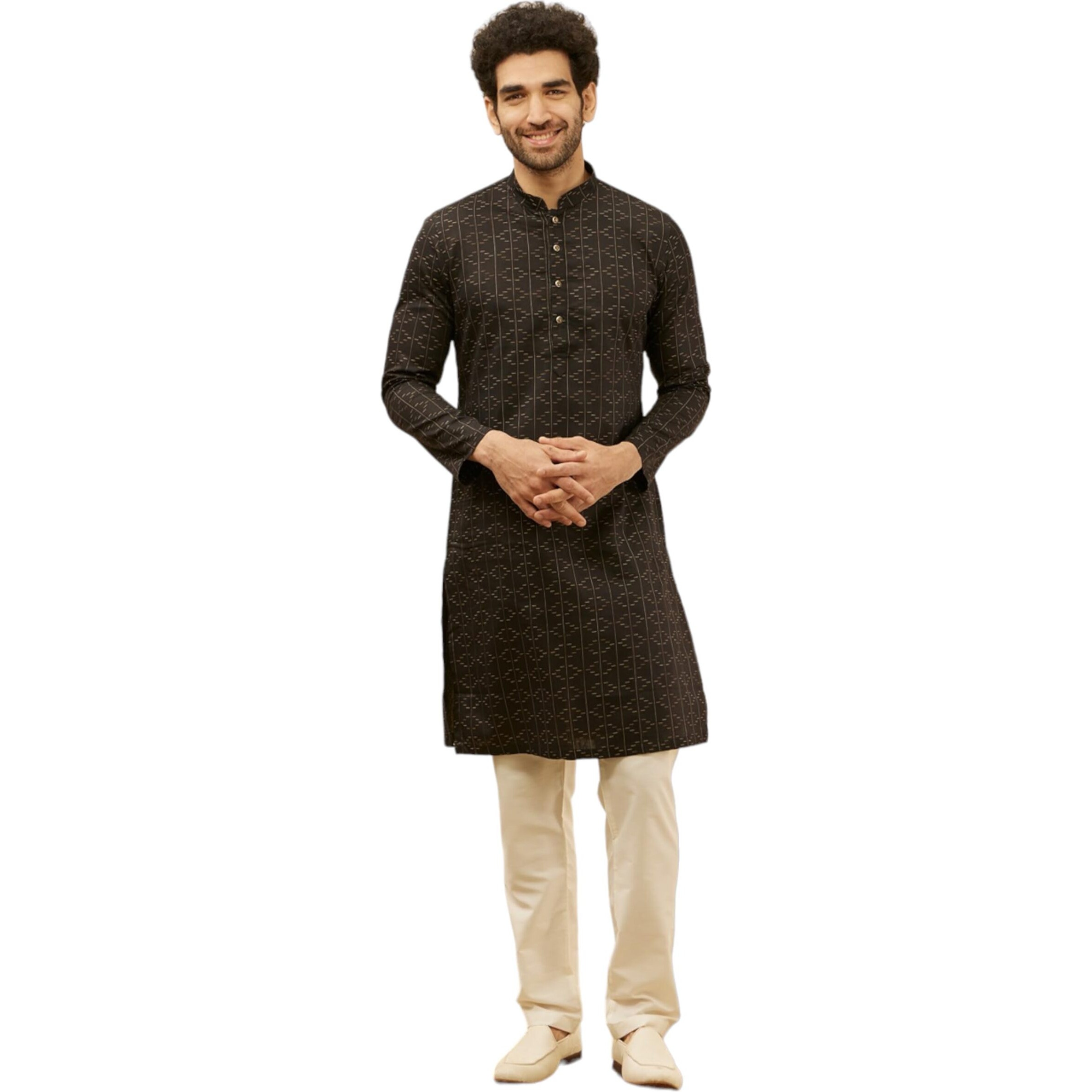 Manyavar Mens Black Cotton Printed Kurtas