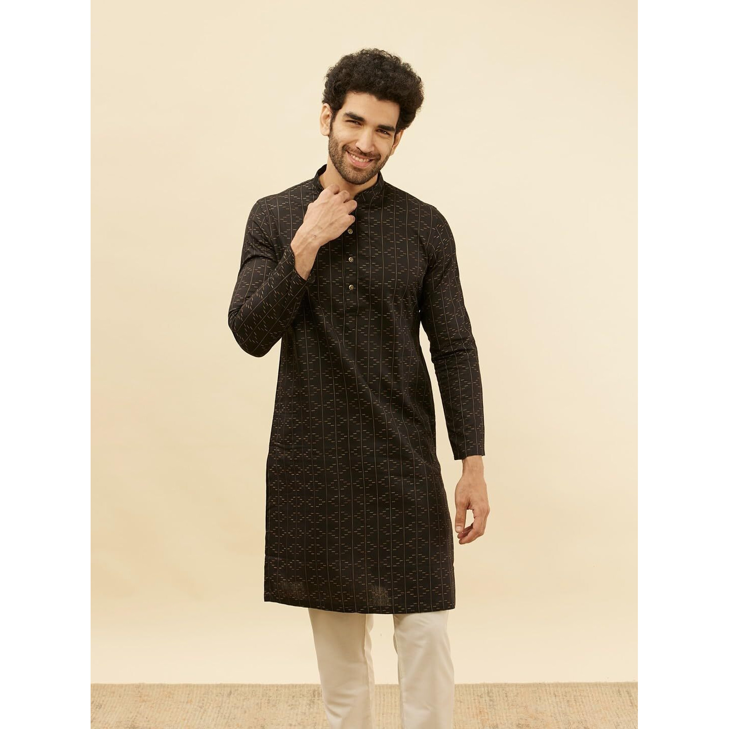 Manyavar Mens Black Cotton Printed Kurtas