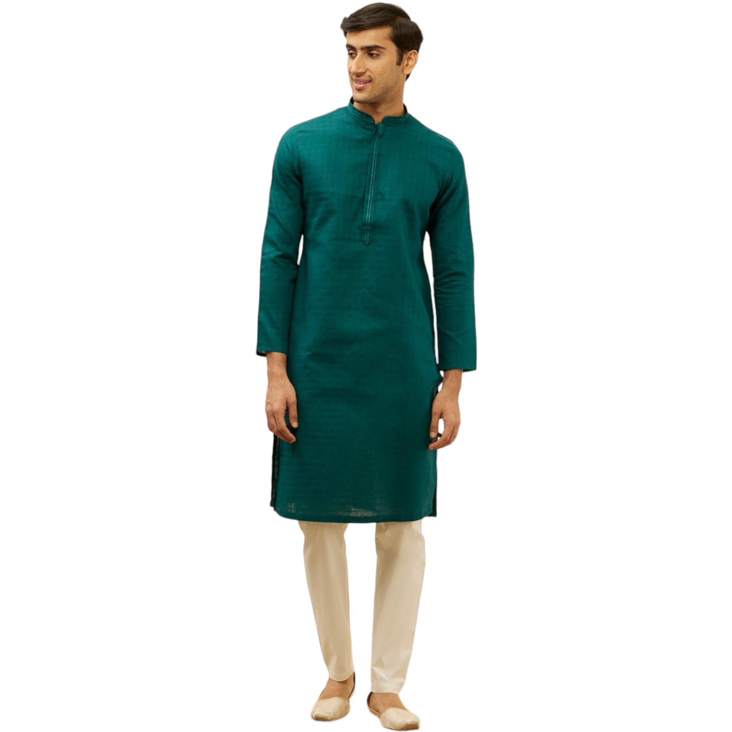 Manyavar Men's Green Cotton Checks Kurta Pyjama Set