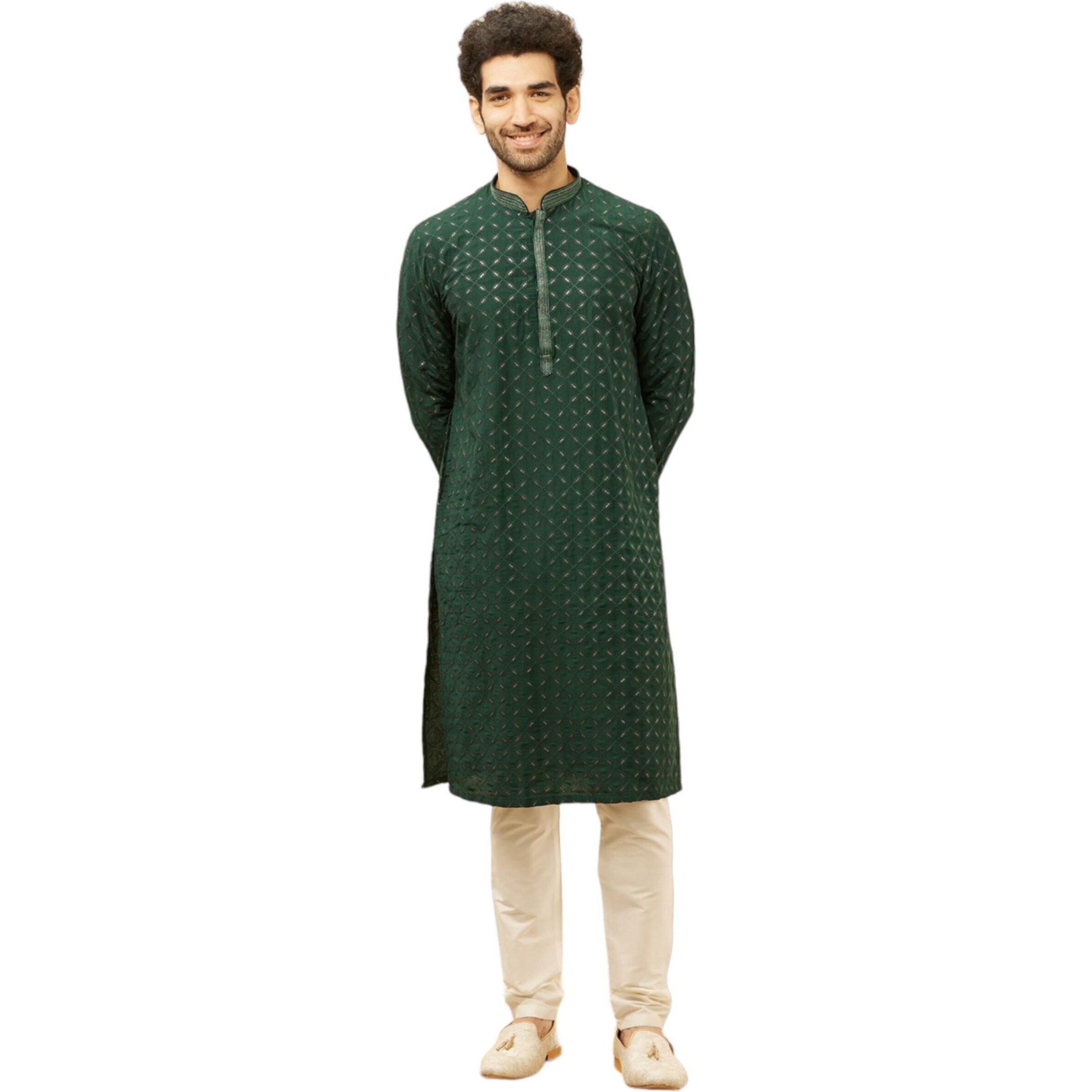Manyavar Mens Green Art Silk Self Design Kurta Pyjama Set