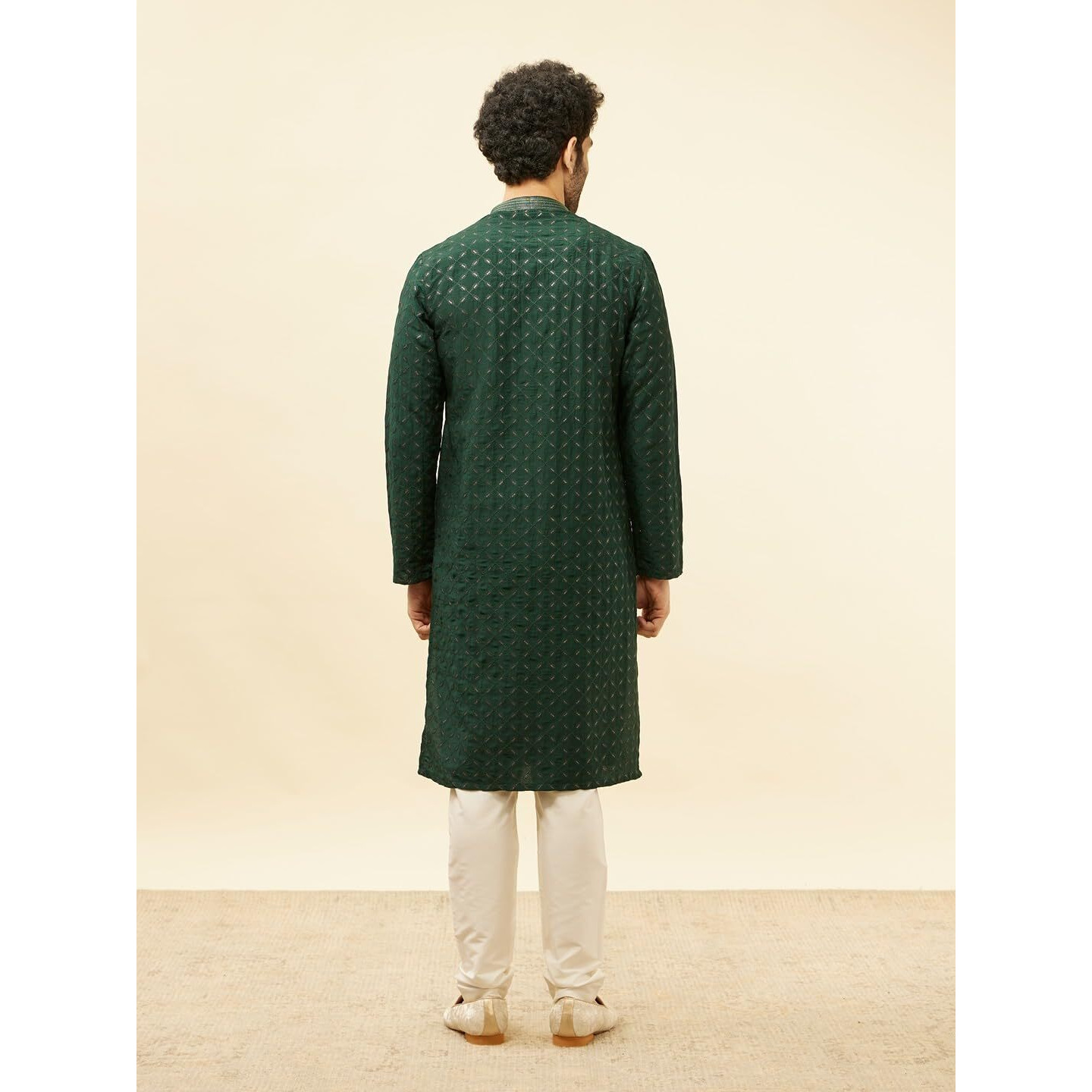 Manyavar Mens Green Art Silk Self Design Kurta Pyjama Set
