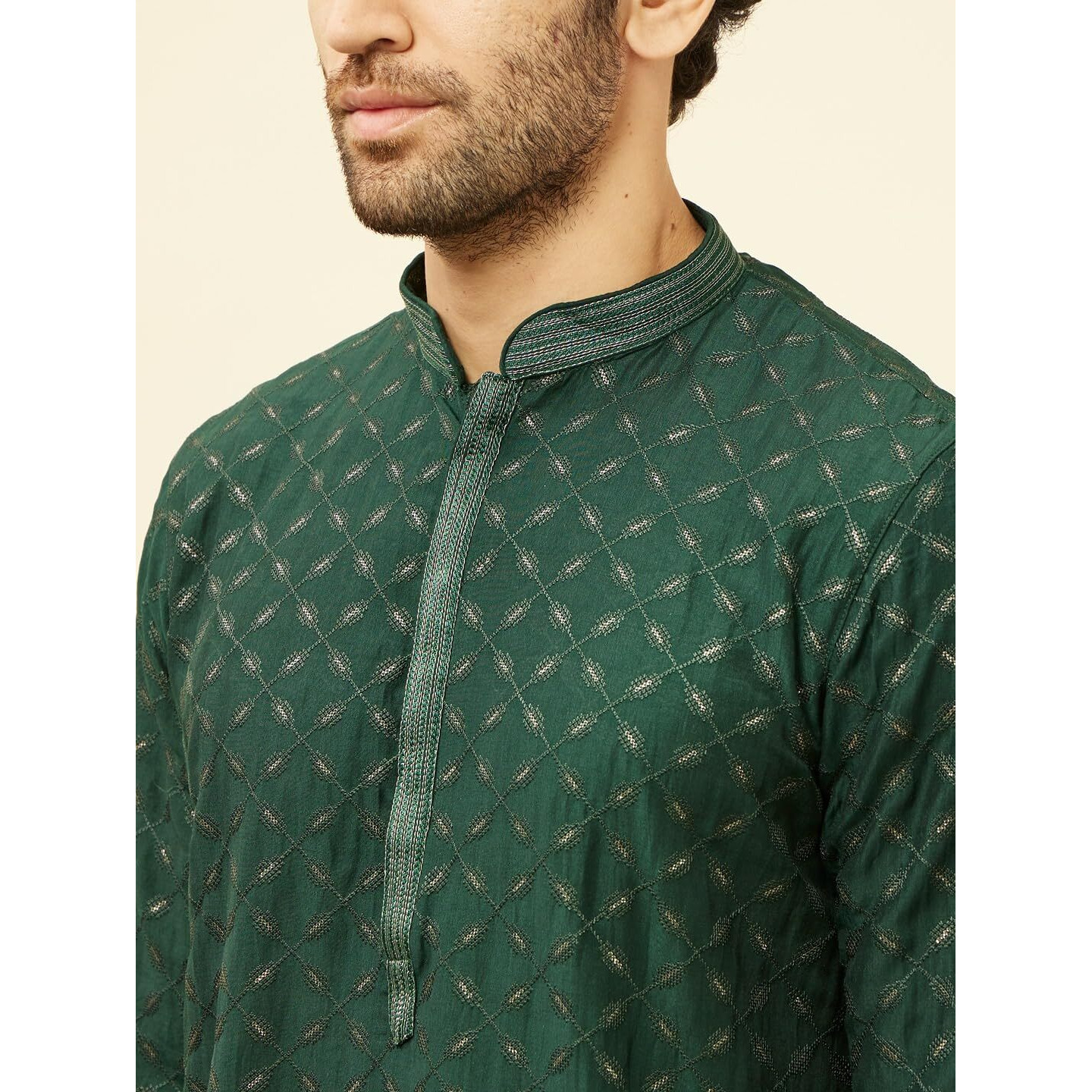 Manyavar Mens Green Art Silk Self Design Kurta Pyjama Set