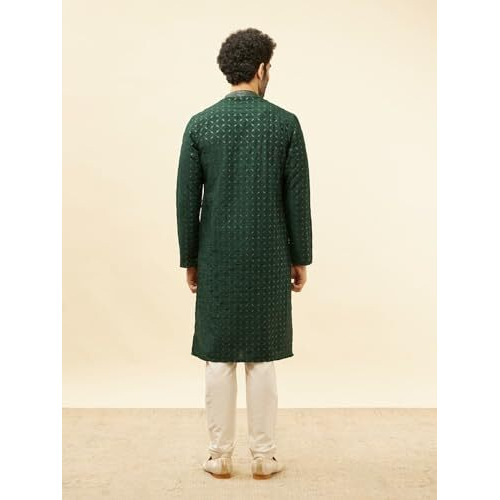 Manyavar Mens Green Art Silk Self Design Kurta Pyjama Set