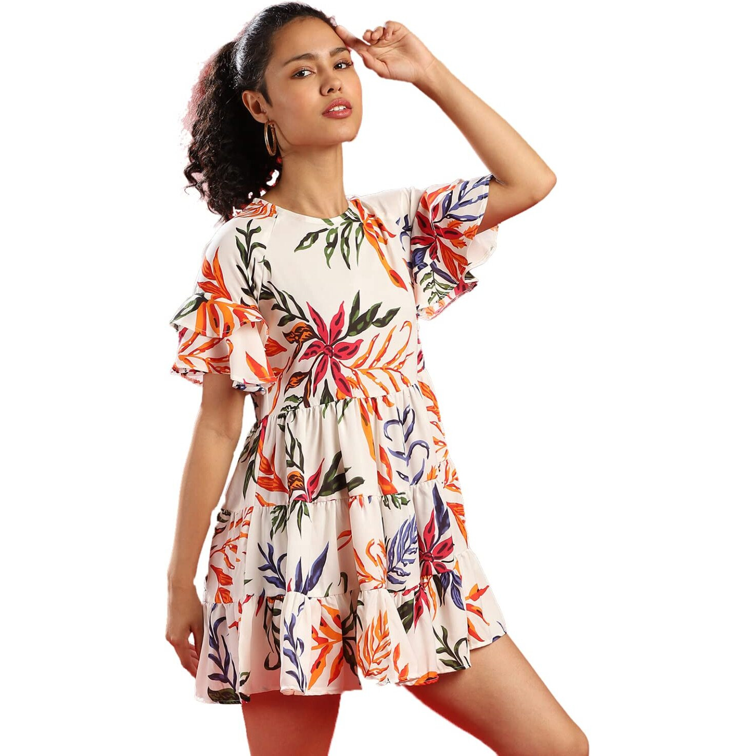 Campus Sutra Women Floral Print Tiered Mini Dress(Suaz_Cswssdr259_Xl) White
