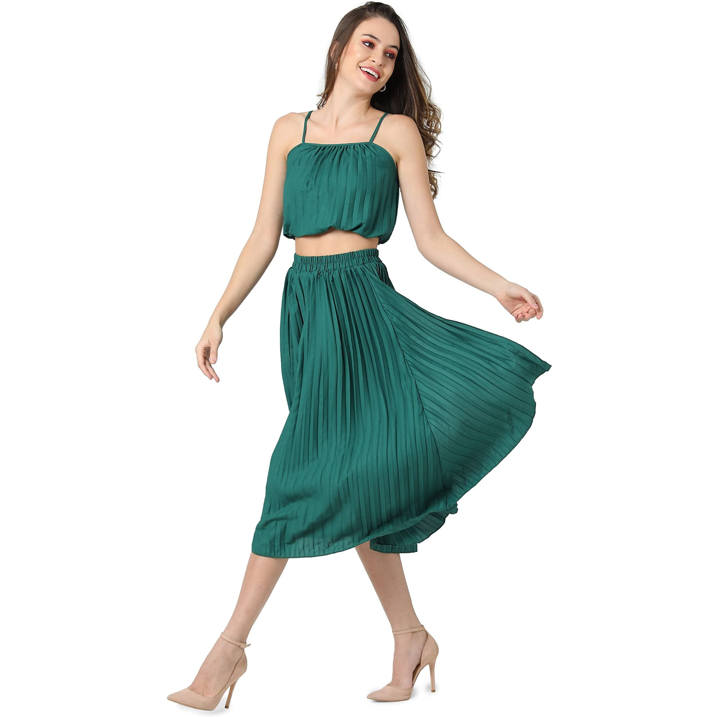 Campus Sutra Women Solid Stylish Casual Co-Ord Set (Skirt & Top)(Ssmr22_Cswssco5064_L) Green